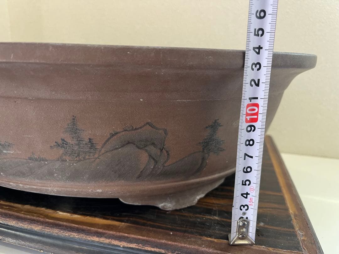 中国盆器 中国宜興 周寶山「周寶山絵紫泥墨絵山水図外縁下帯段足楕円鉢」泥味最高