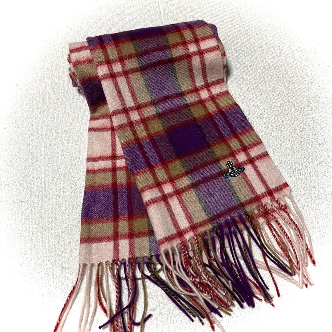 美品Vivienne Westwood チェック マフラー オーブ刺繍 カシミヤ