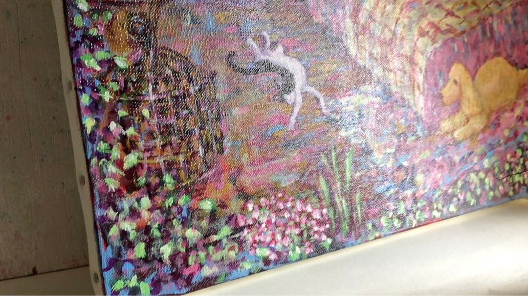 「猫とインコとイングリッシュコッカーのいる寝室」 アクリル画 原画 F8