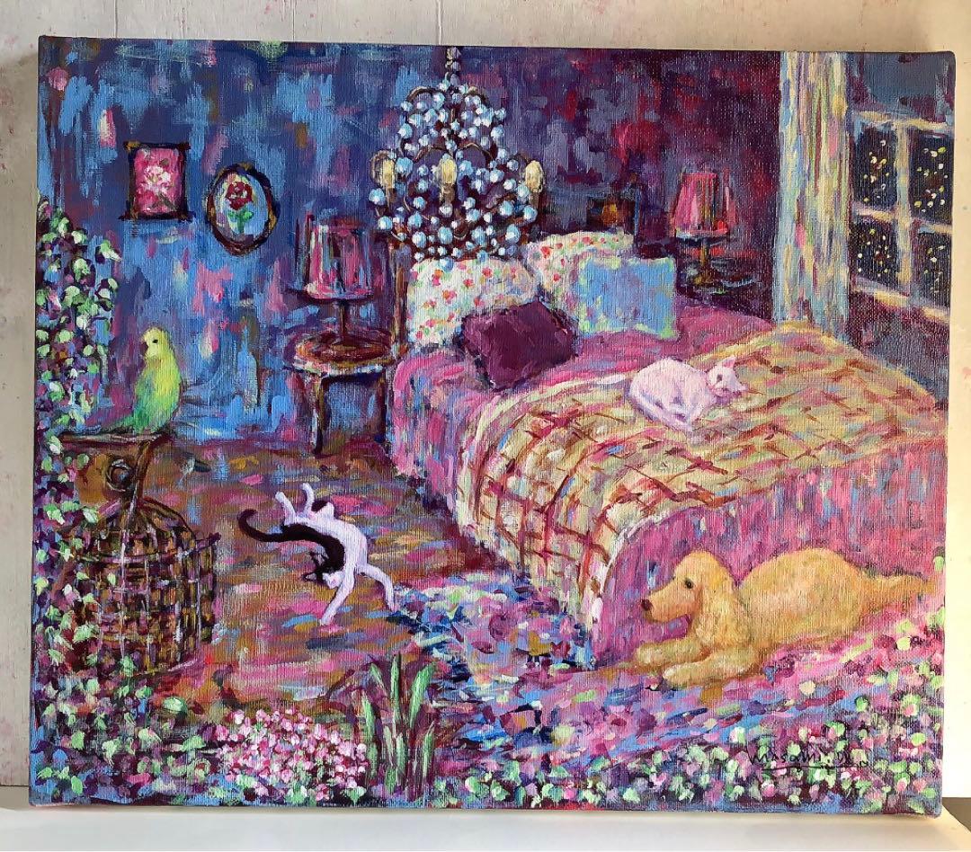 「猫とインコとイングリッシュコッカーのいる寝室」 アクリル画 原画 F8