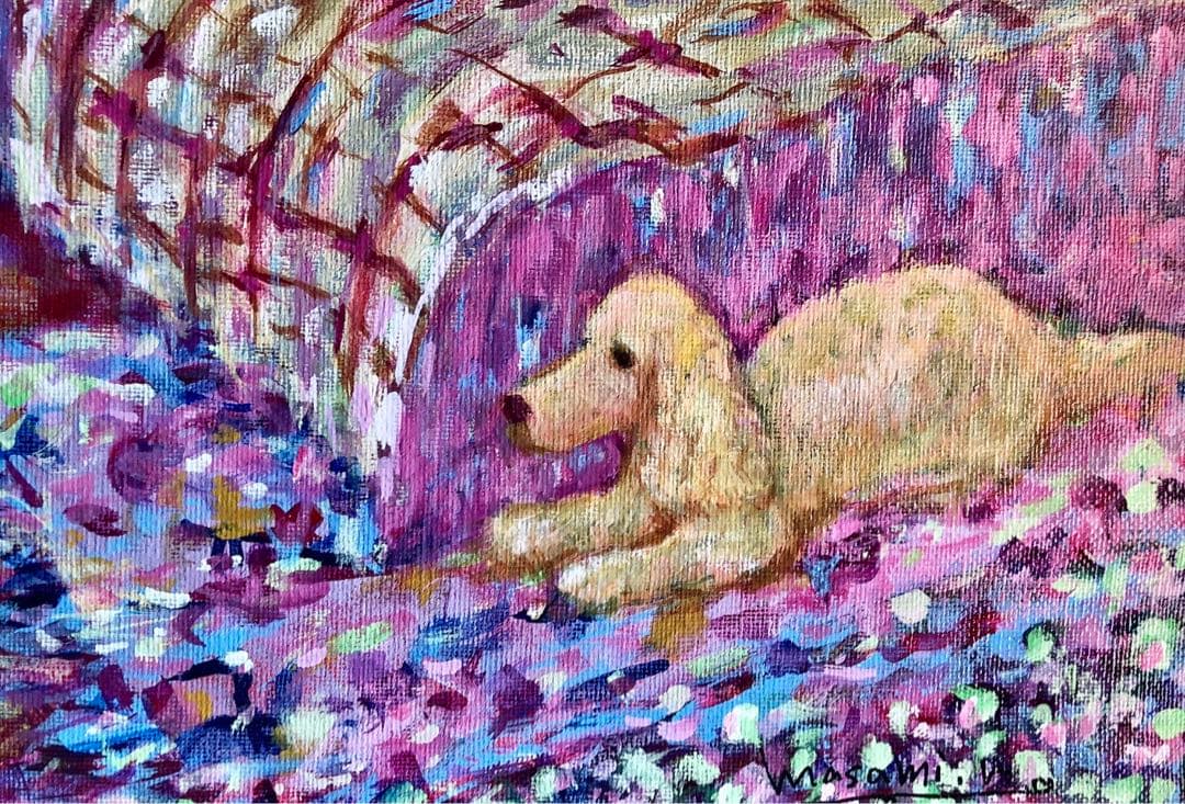 「猫とインコとイングリッシュコッカーのいる寝室」 アクリル画 原画 F8