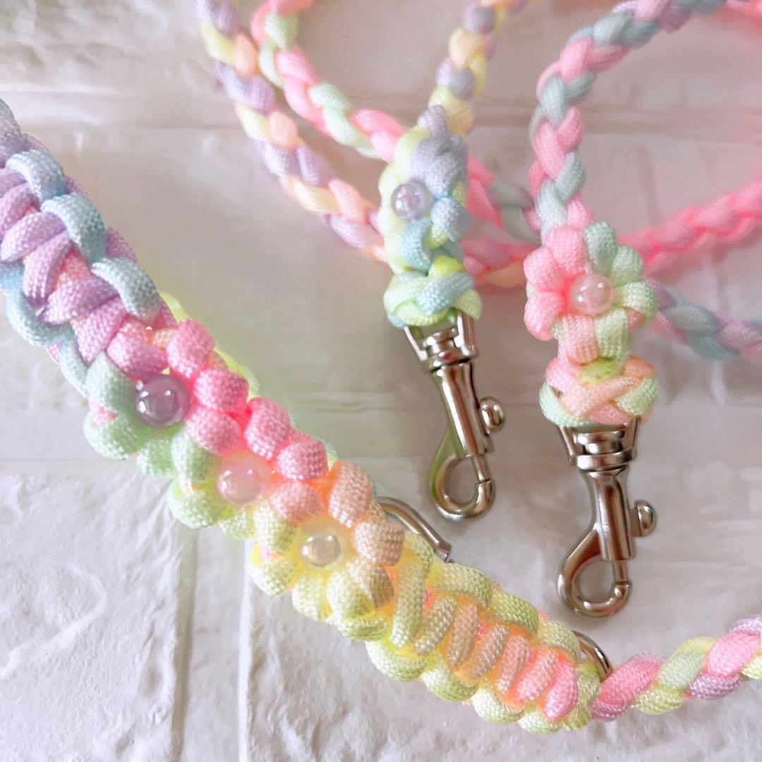 パラコードダブルリード　多頭用リード　パステルレインボー　No.0175