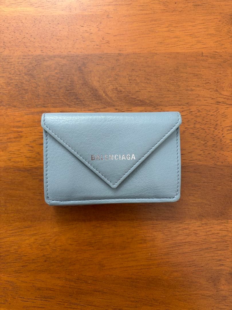 BALENCIAGA ペーパーミニウォレット　三つ折りミニ財布　ブルーグレー