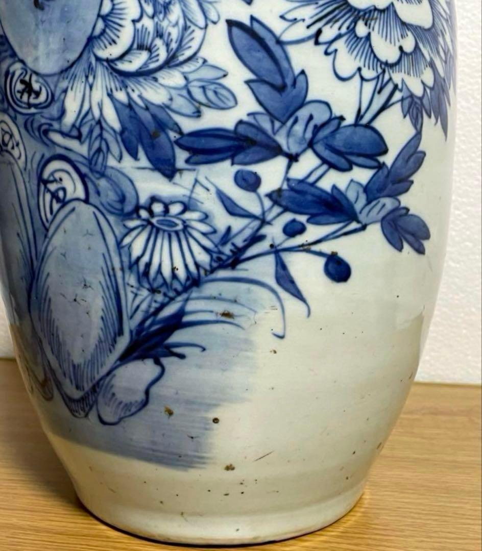 清時代 青花花鳥紋双耳瓶 中国骨董品。