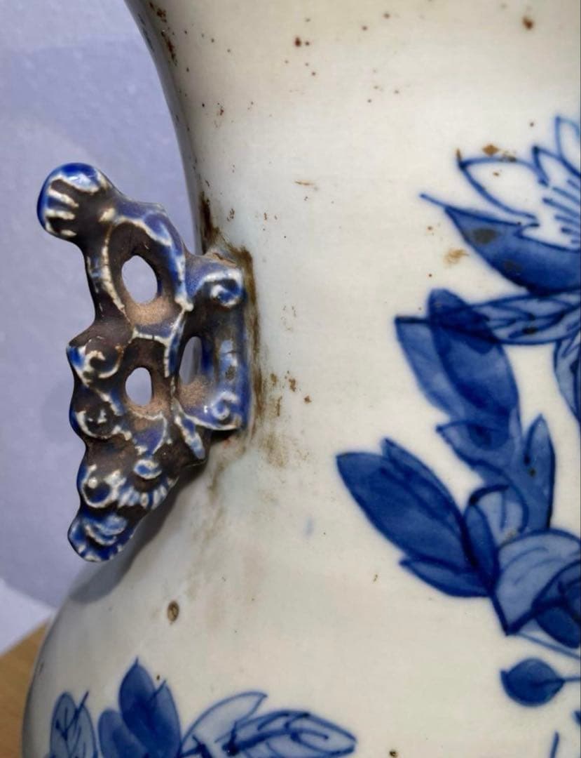 清時代 青花花鳥紋双耳瓶 中国骨董品。