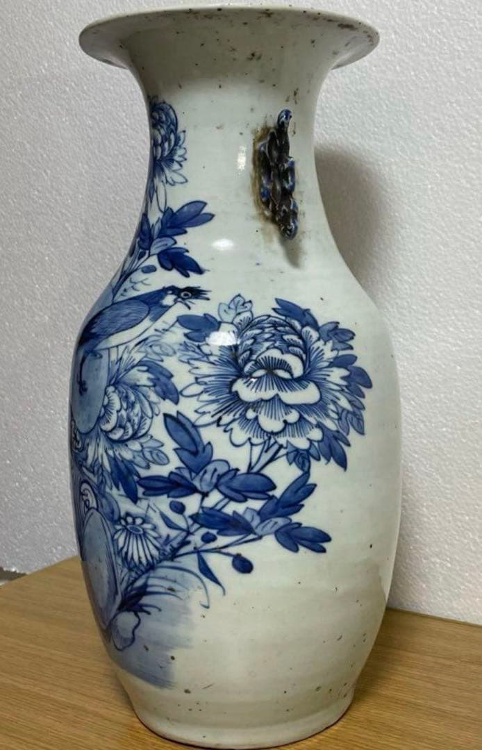 清時代 青花花鳥紋双耳瓶 中国骨董品。