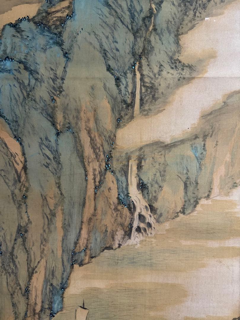 幸嶋散人　絹本肉筆　青緑山水　掛軸　送料込み250618