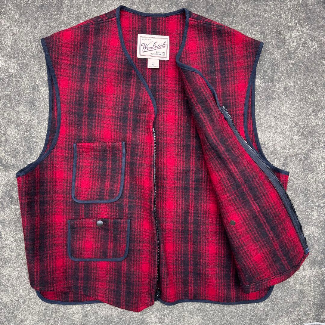 ウールリッチ 90's ウールベスト シャドーチェック 赤 黒 XL 肉厚 極暖
