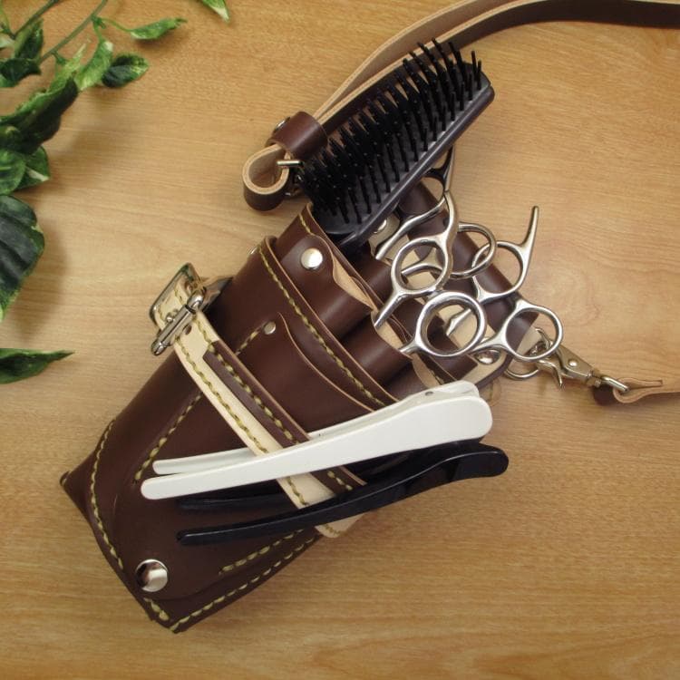 ブラウン＆ナチュラル　６丁　革ベルト付　本革シザーケース　SCL-150/CBB