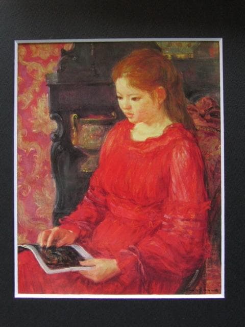 柳沢淑郎、「読書する女」、希少な額装用画集より、新品高級額装付