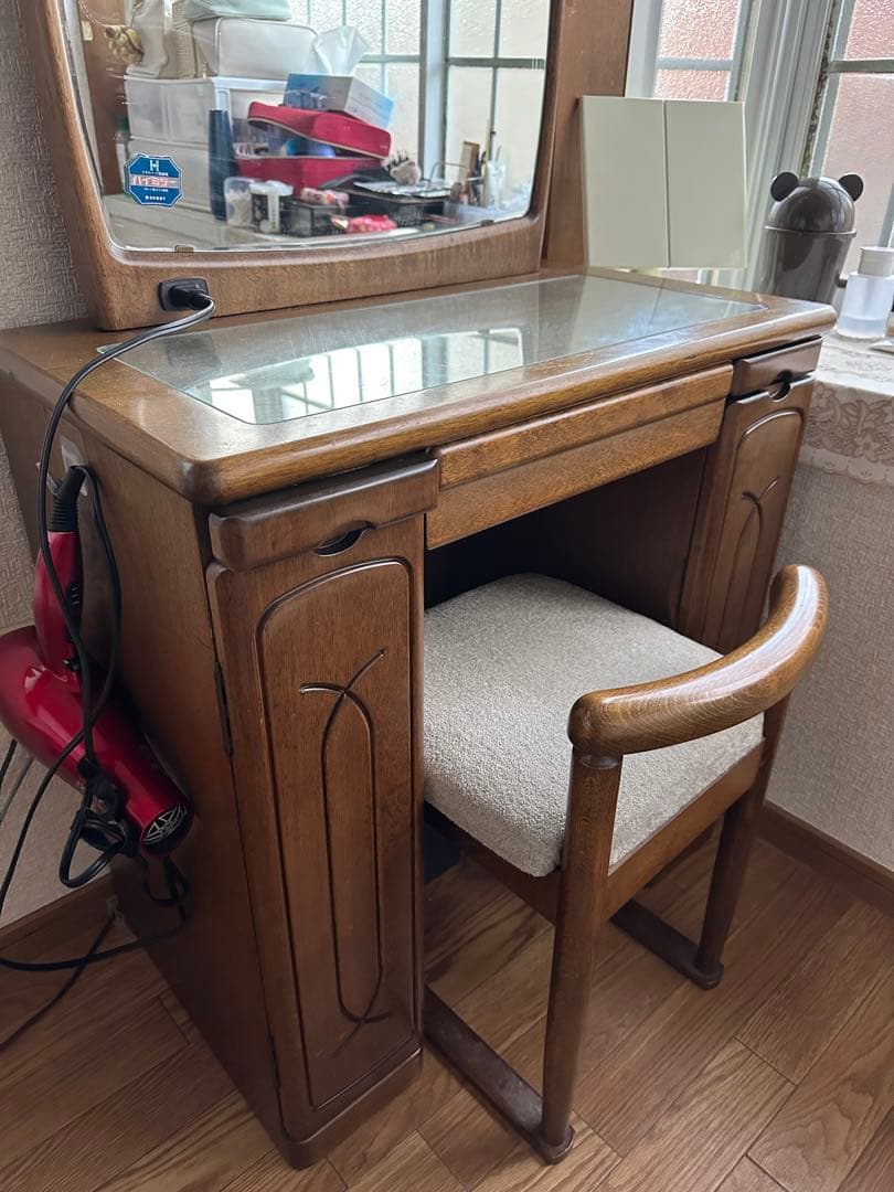 【みー】木製ドレッサー オーバルミラー付きコンセント付き　セット