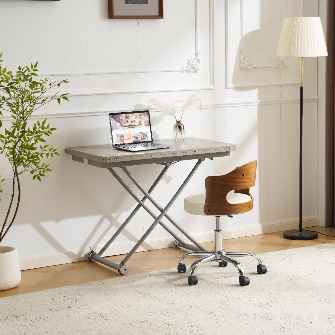 超人気！多用途テーブル 2倍に広がるガス圧昇降テーブル GRAY