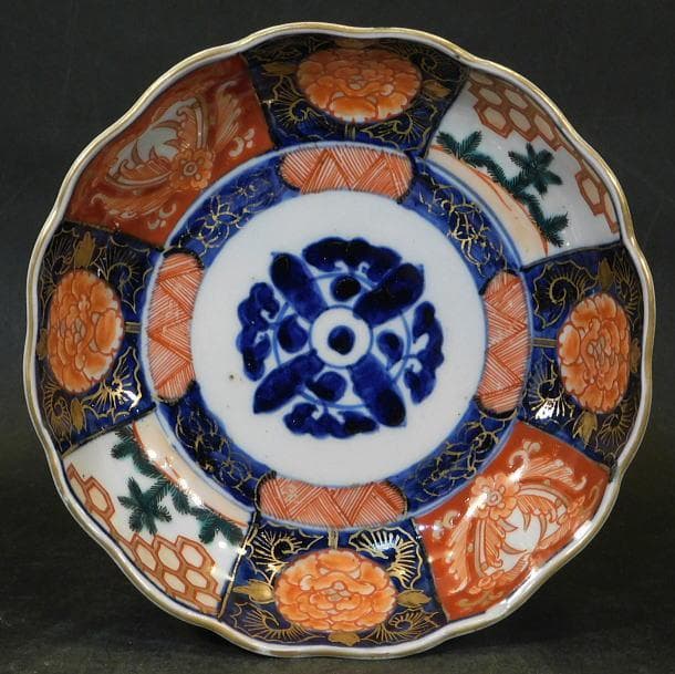 【時代磁器　古伊万里　染錦若松牡丹紋　輪花ナマス皿（５枚）】