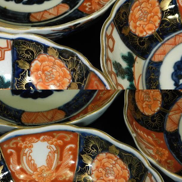 【時代磁器　古伊万里　染錦若松牡丹紋　輪花ナマス皿（５枚）】