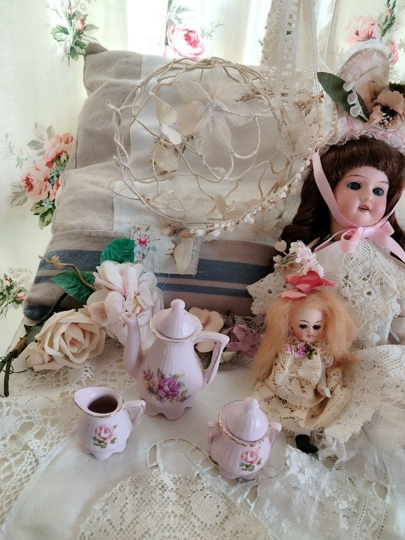 フランス アンティーク 薔薇柄ピンクのディネット ティーセット