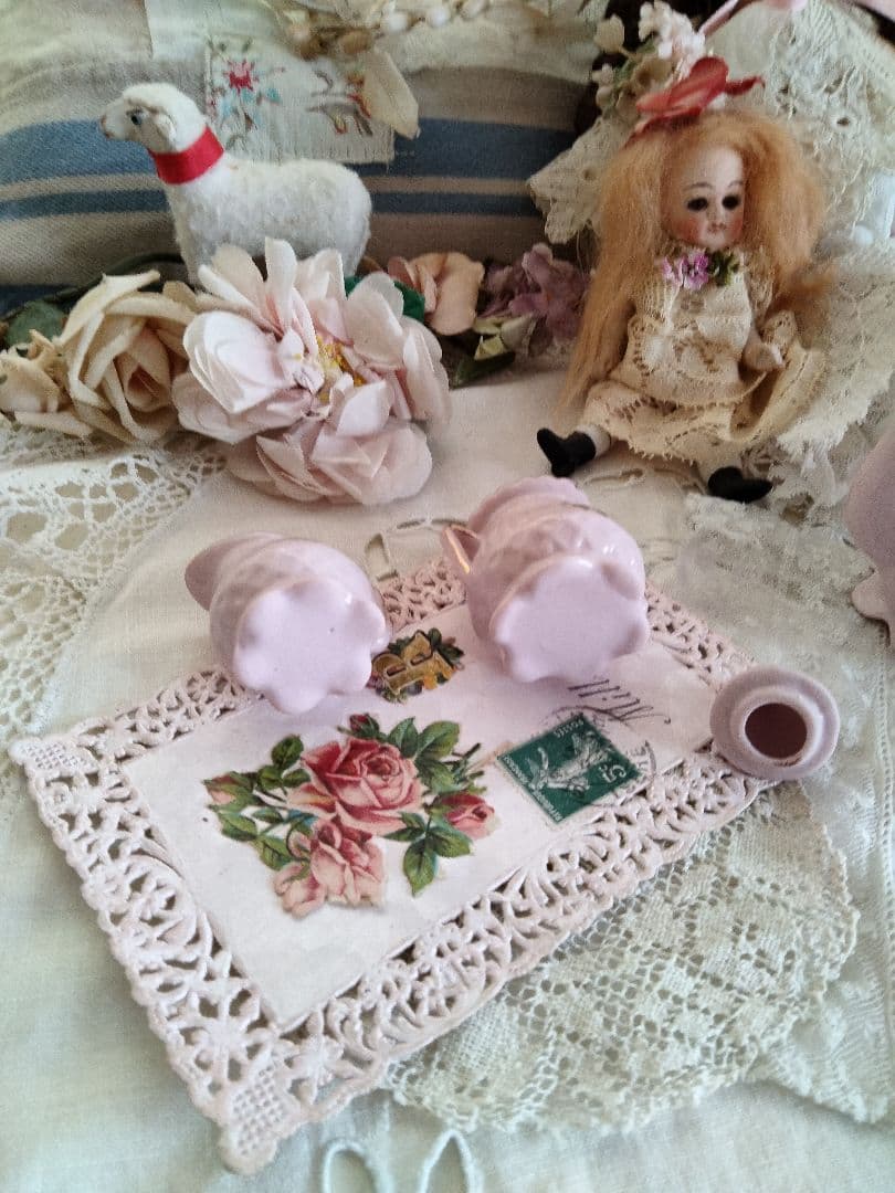 フランス アンティーク 薔薇柄ピンクのディネット ティーセット