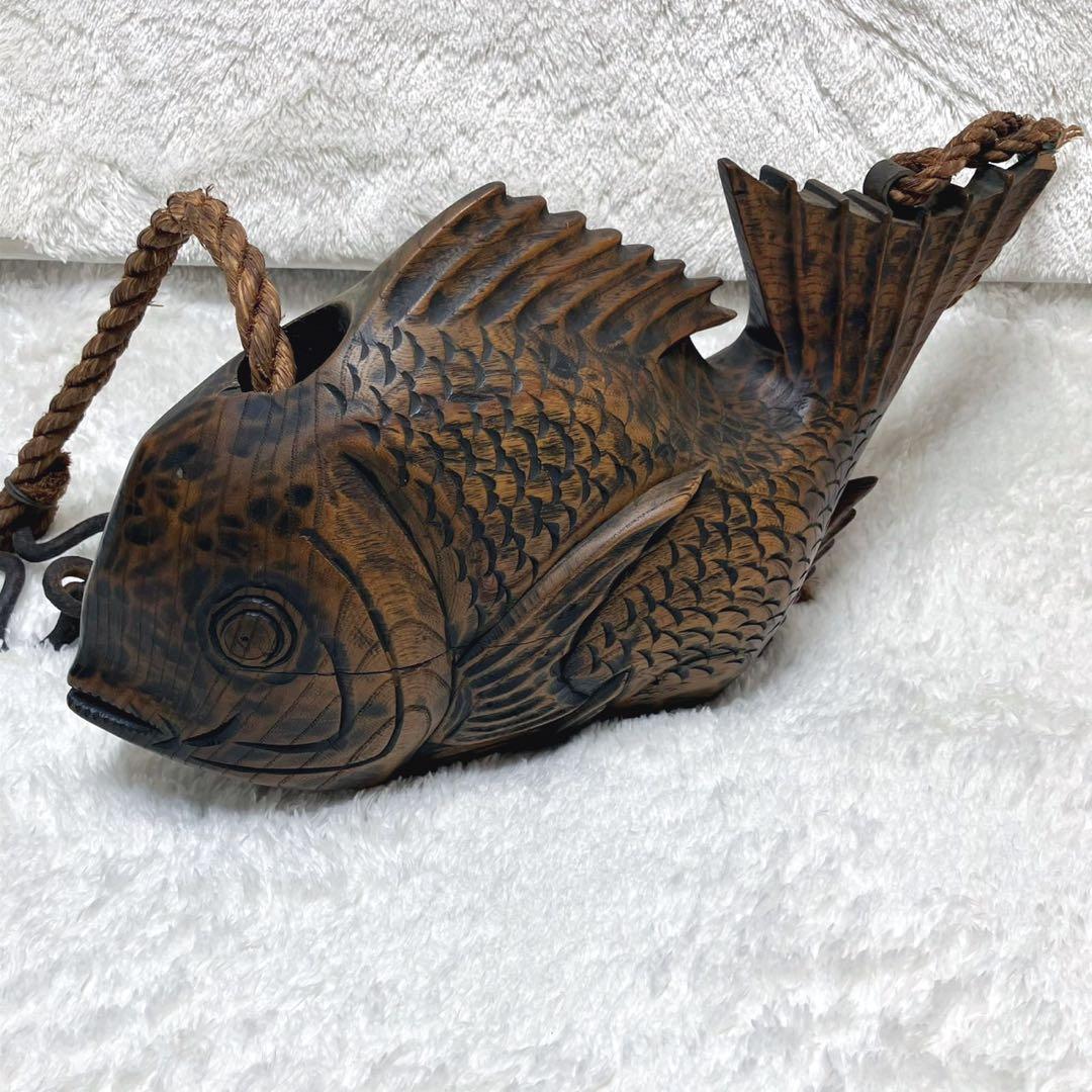 囲炉裏 自在鉤 横木 木彫り 鯛 古民具 レトロ 全長40cm 栄水刻 彫刻