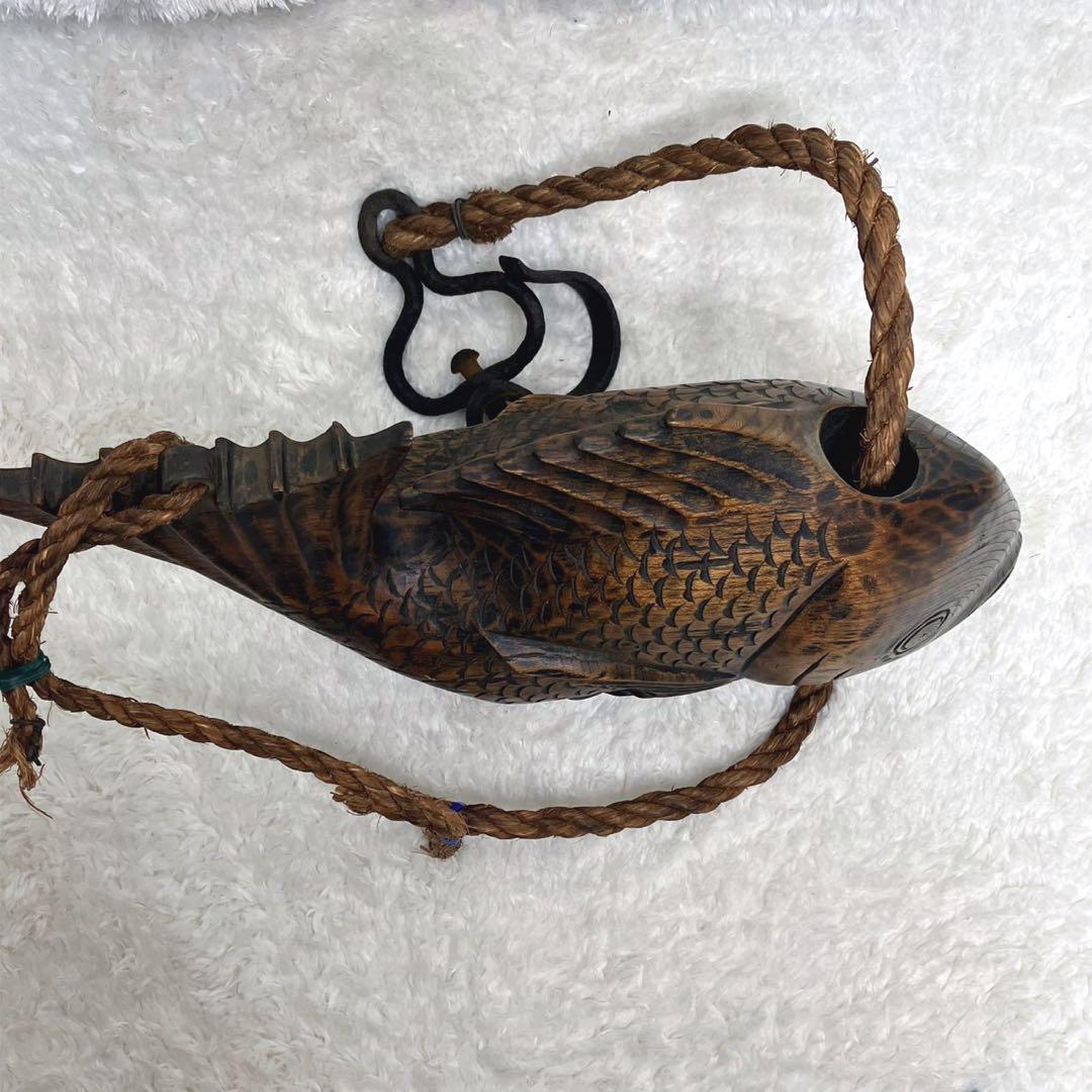 囲炉裏 自在鉤 横木 木彫り 鯛 古民具 レトロ 全長40cm 栄水刻 彫刻