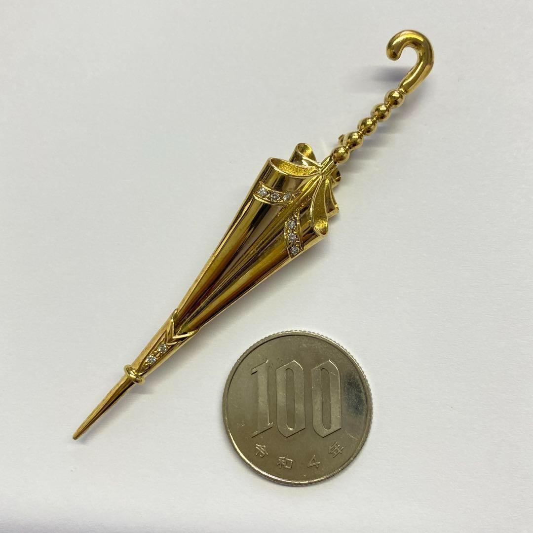 K18 ダイヤモンドブローチ　D0.08ct　6.7ｇ　傘モチーフ　アンブレラ