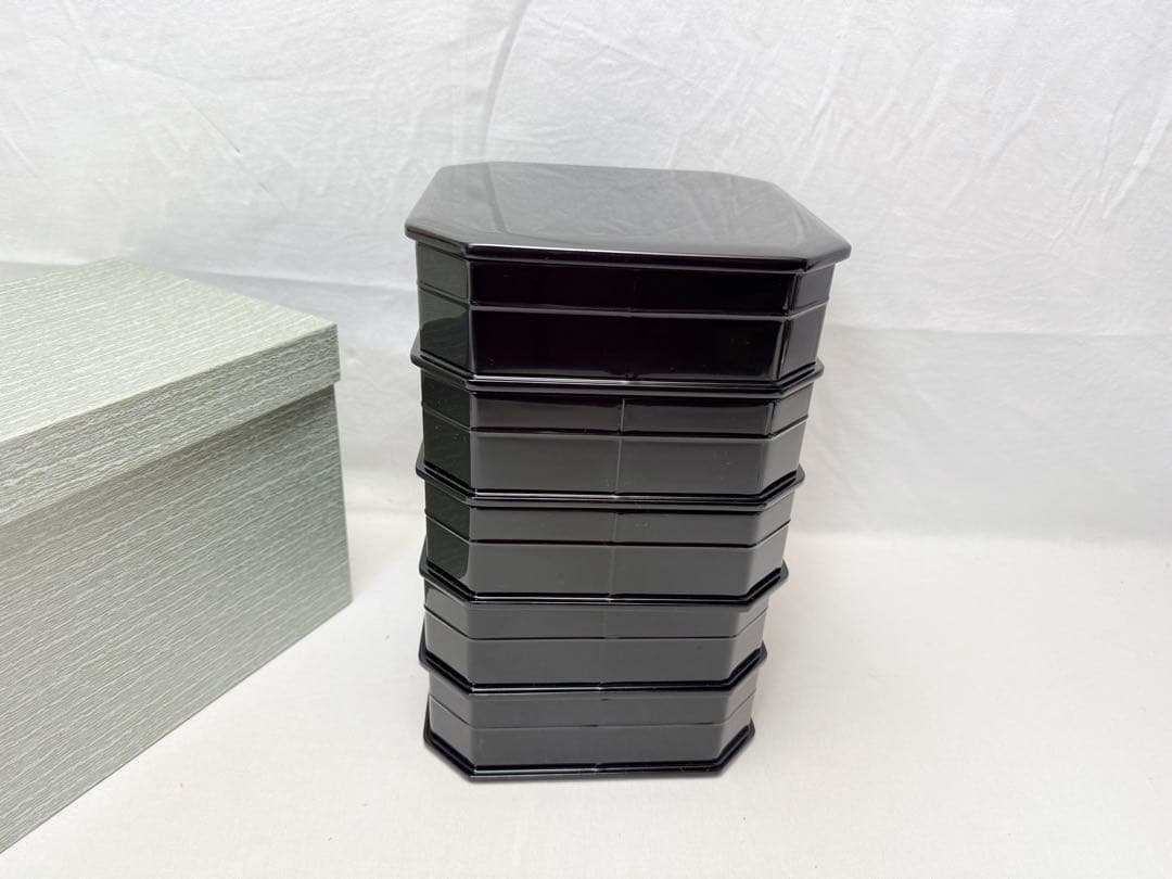 未使用 茶道具 木製 黒真塗 五段縁高重 元箱