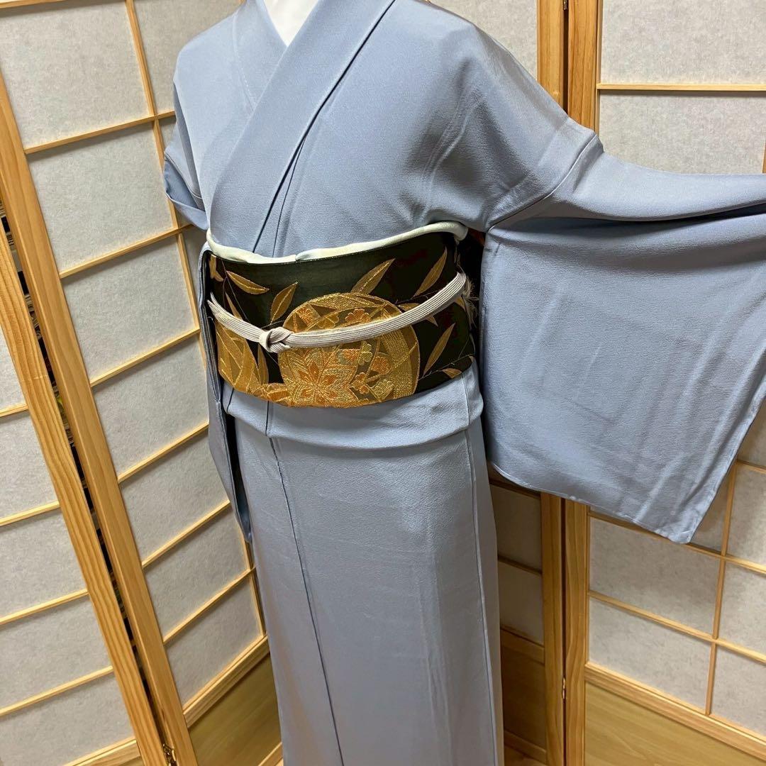 ［5790］色無地 美品 未使用 本草木染 証紙 一つ紋 剣片喰 正絹 着物 袷