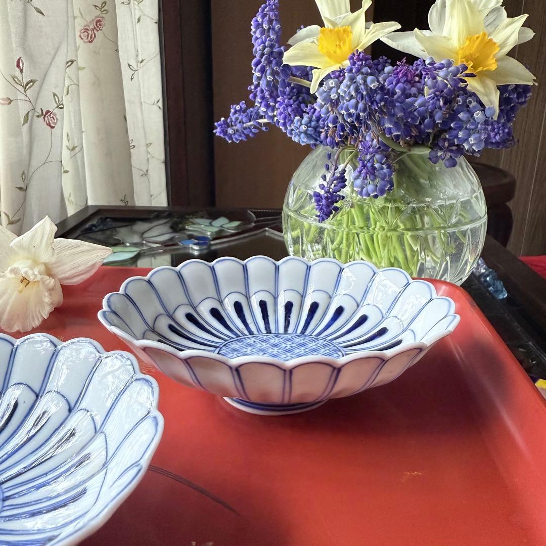 2154様感謝‼️清楚BLUE ‼️古伊万里すがすがしい花びらもりもり小判形菊皿5客