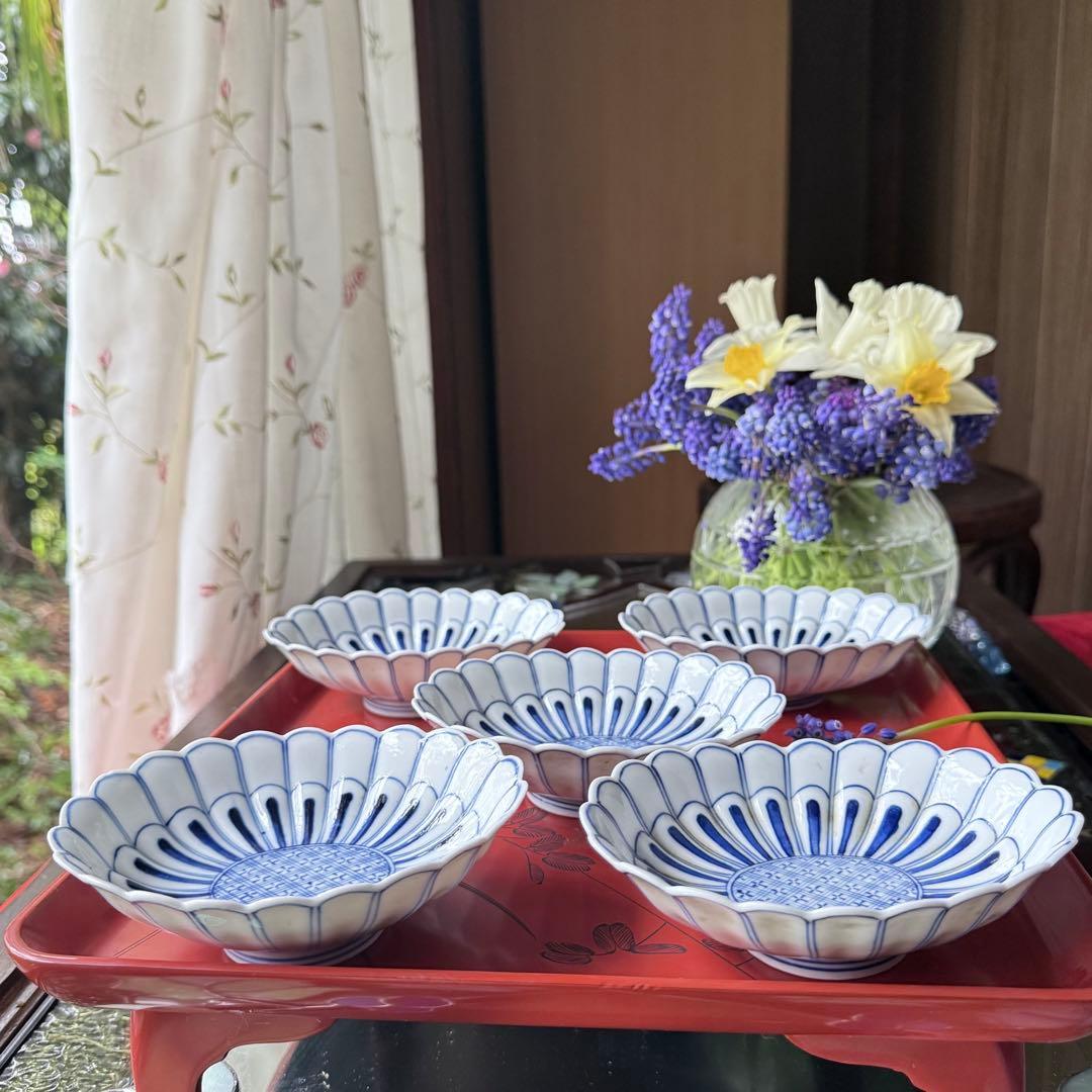 2154様感謝‼️清楚BLUE ‼️古伊万里すがすがしい花びらもりもり小判形菊皿5客