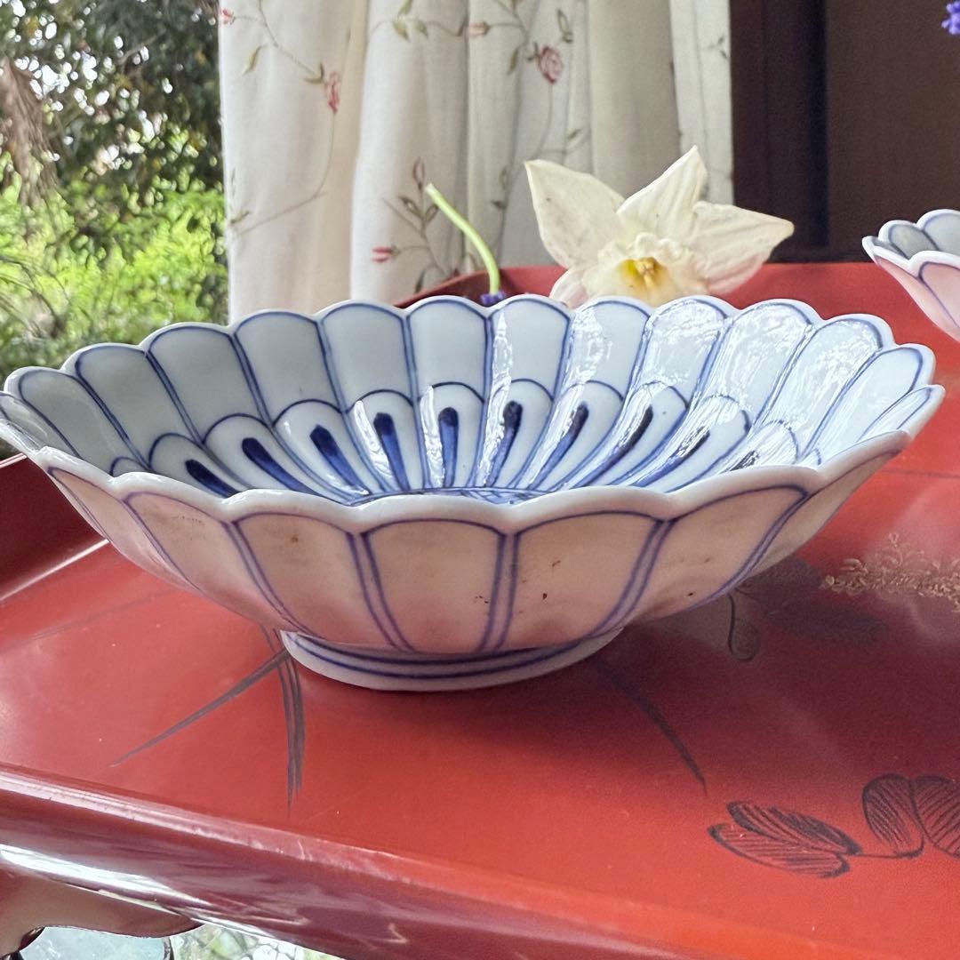 2154様感謝‼️清楚BLUE ‼️古伊万里すがすがしい花びらもりもり小判形菊皿5客