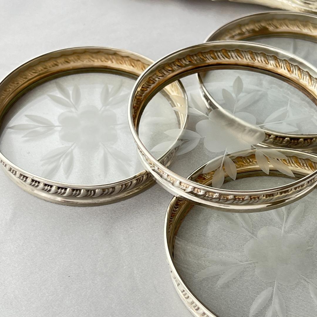 【純銀 / ガラス】ワイングラスコースター 4枚 スターリングシルバー ホルダー