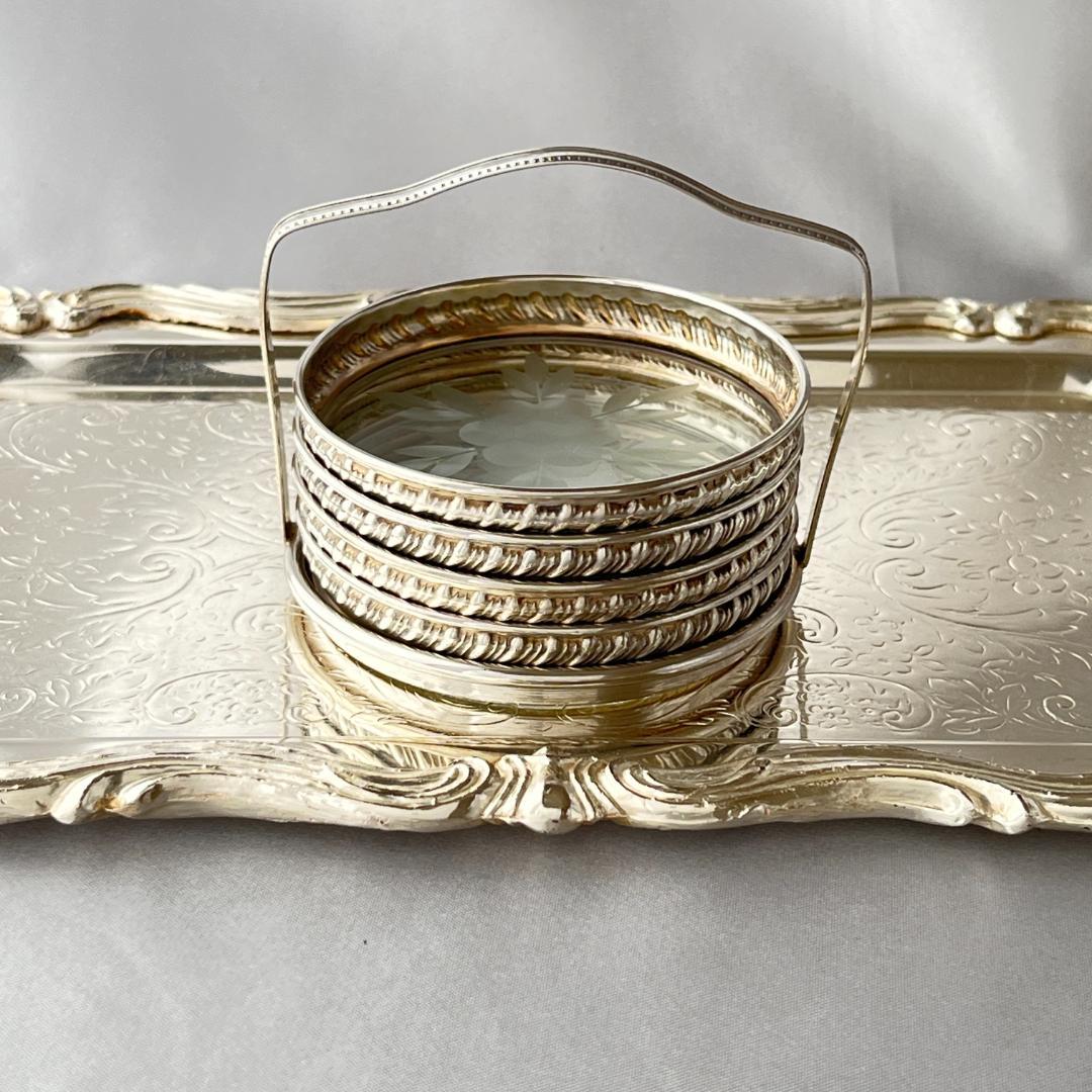 【純銀 / ガラス】ワイングラスコースター 4枚 スターリングシルバー ホルダー