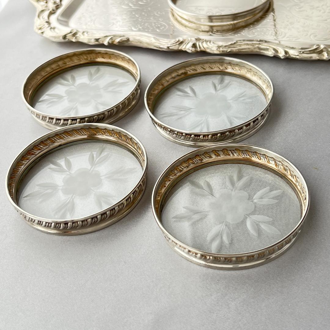 【純銀 / ガラス】ワイングラスコースター 4枚 スターリングシルバー ホルダー