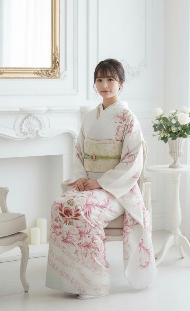 振袖 白地にピンクの花柄