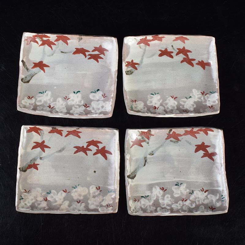 志野焼　虎渓山　水月窯　雲綿手　角皿　四客　共箱　V　R7624