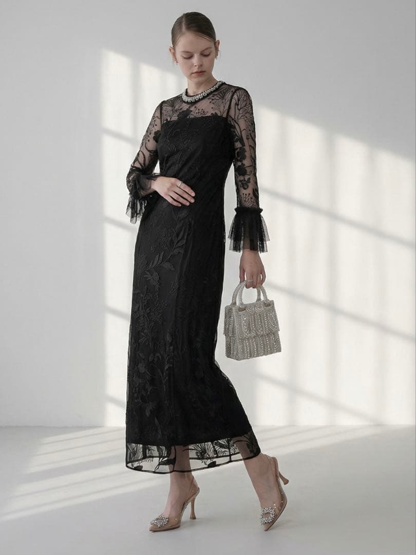 フラワーレースジュエルカラーIラインワンピースドレス結婚式二次会成人式パーティー