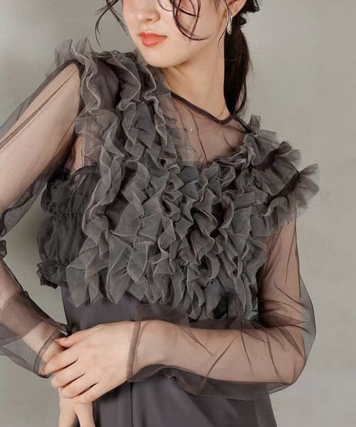 チュール ボリューム フリル ベスト シアー トップス ワンピース niana