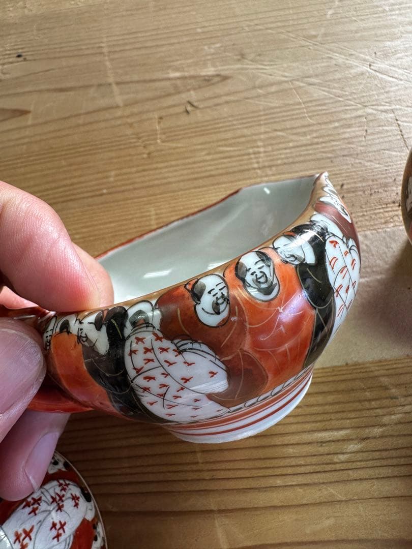 九谷焼6点セート，茶具，茶器，古九谷，百壽老人，赤繪，骨董，インテリア，九谷焼，