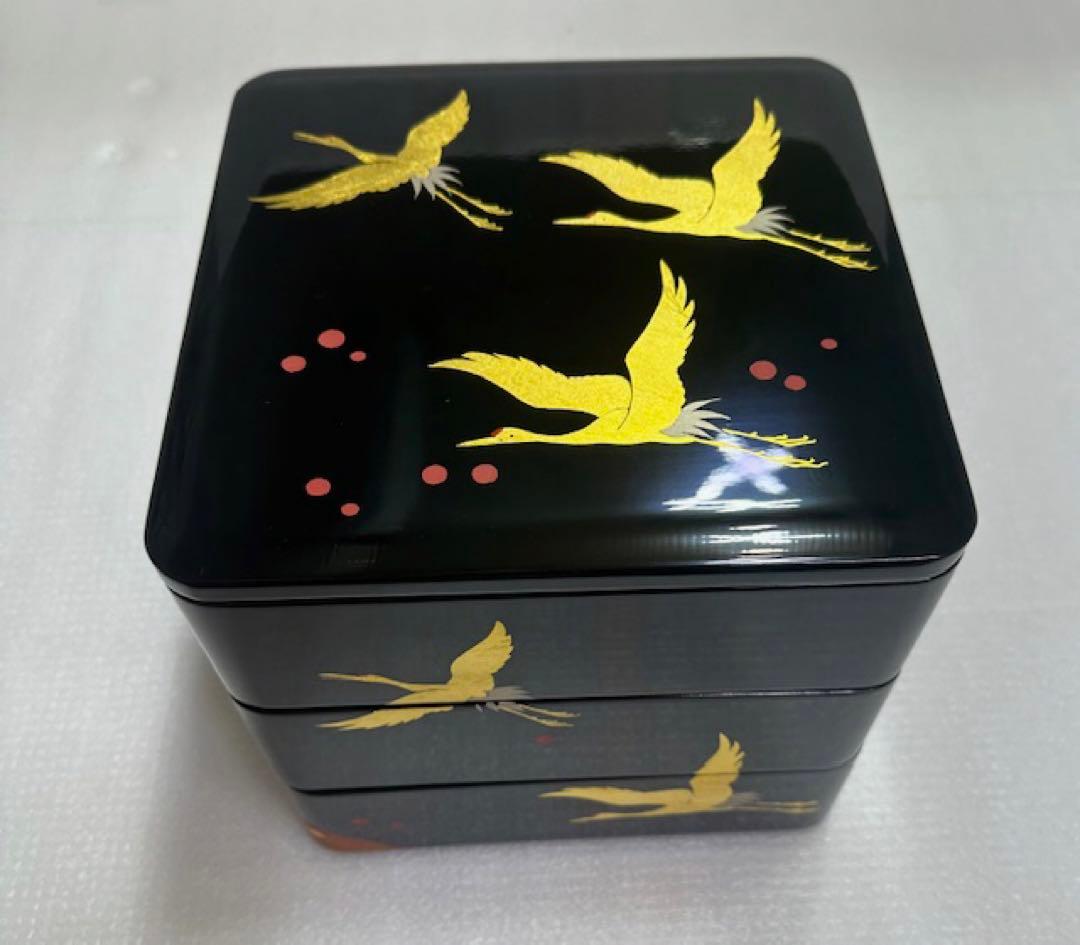 重箱 1 越前漆器/木製漆器/三段 重箱/黒地 金色鶴