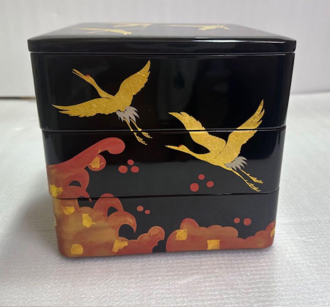 重箱 1 越前漆器/木製漆器/三段 重箱/黒地 金色鶴