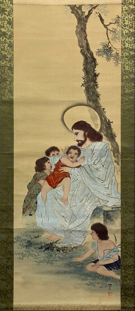 キリスト　絹本　掛軸（クリスチャン　カトリック　聖書 クリスマス）