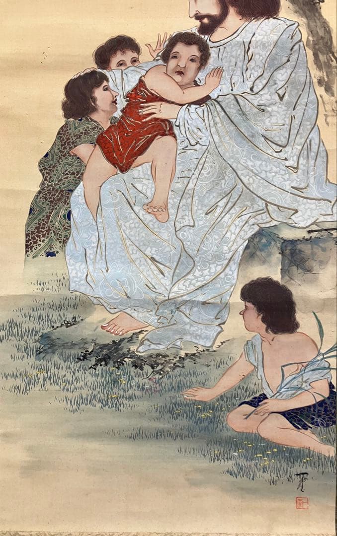 キリスト　絹本　掛軸（クリスチャン　カトリック　聖書 クリスマス）