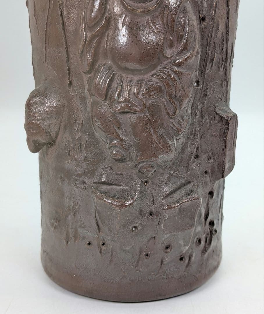 明治時代 備前焼 装飾花入 大黒天彫貼付 大黒様 七福神 縁起物 花器 花瓶