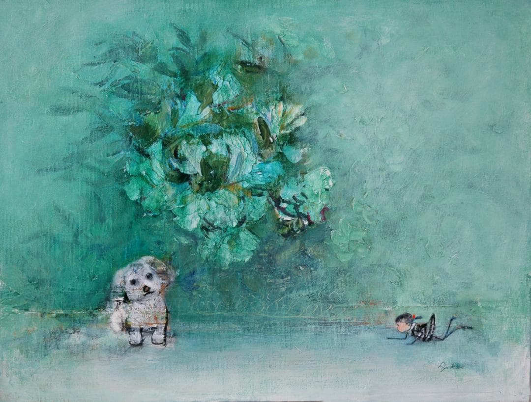 油絵 菅家令子 絵 絵画インテリア額付(青緑＋金色の枠) uF6-071719犬