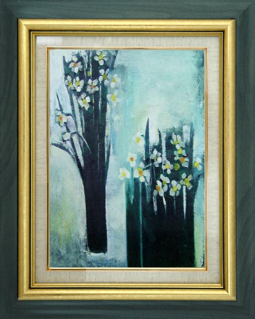 油絵 菅家令子 絵 絵画インテリア 額付(青緑＋金色の枠) F6-182023花