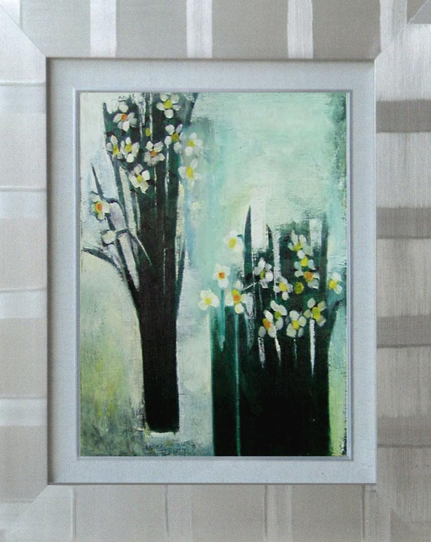 油絵 菅家令子 絵 絵画インテリア 額付(青緑＋金色の枠) F6-182023花