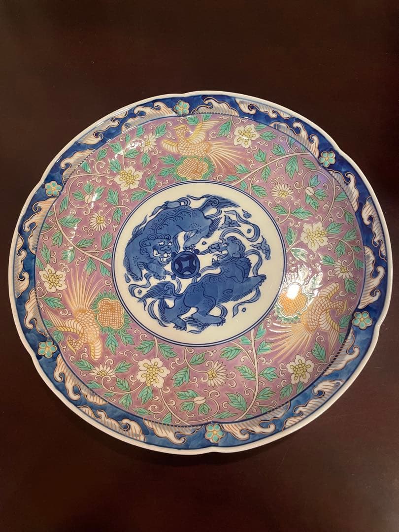 未使用品　有田焼　古伊万里　富貴長春 深皿 金彩 花鳥　唐獅子 鳳凰　唐草 大皿