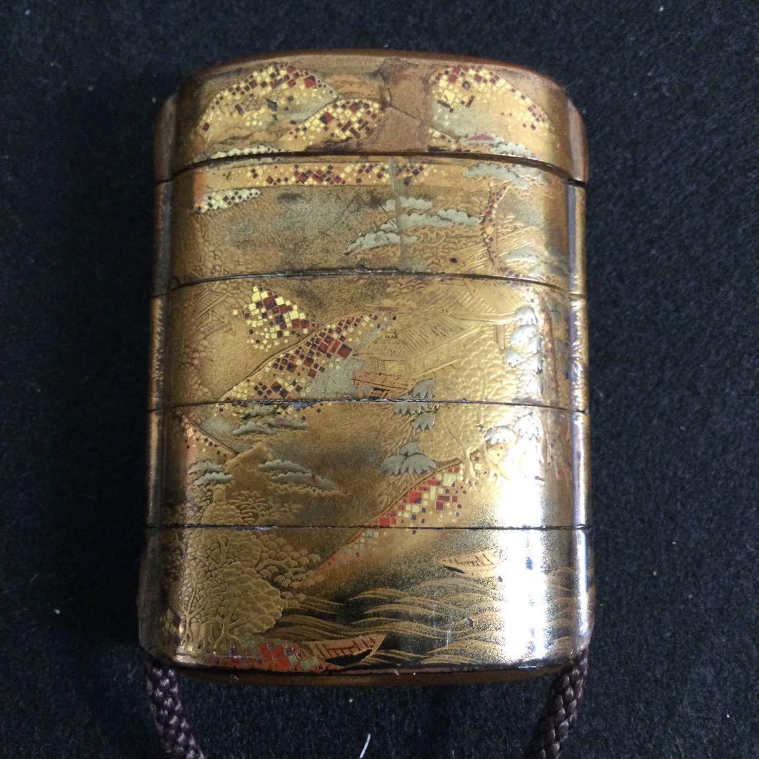時代物 金蒔絵印籠 内梨地 銘無し 箱付 Md