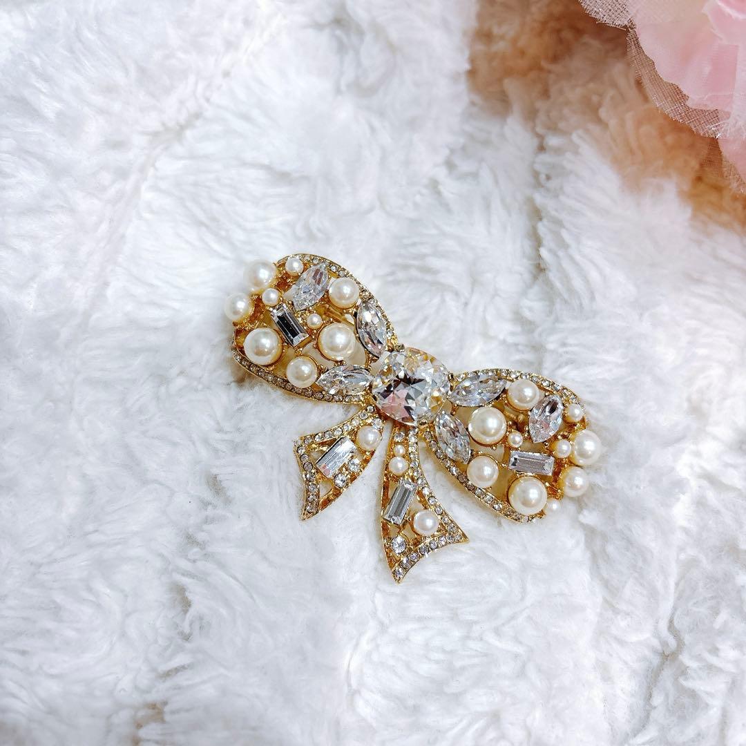 Rene リボン型ブローチ ゴールド系 パール