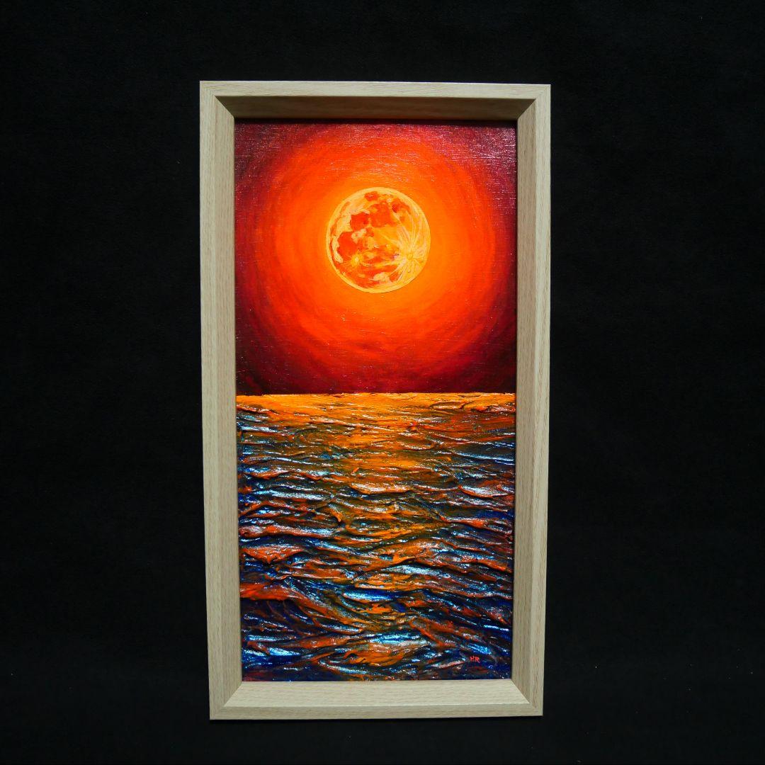 油絵 油彩 油彩画 絵 絵画 長方形ミニ絵画【オレンジ色の満月】