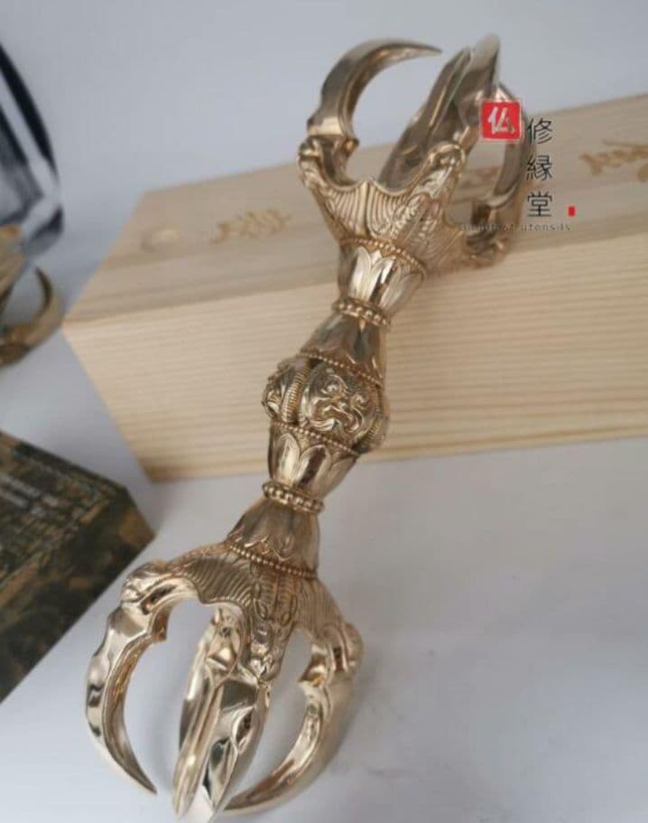 仏教法具 法器 真言宗 胎蔵界 鬼面五鈷杵 金剛杵 寺院用仏具 真鍮製 23cm