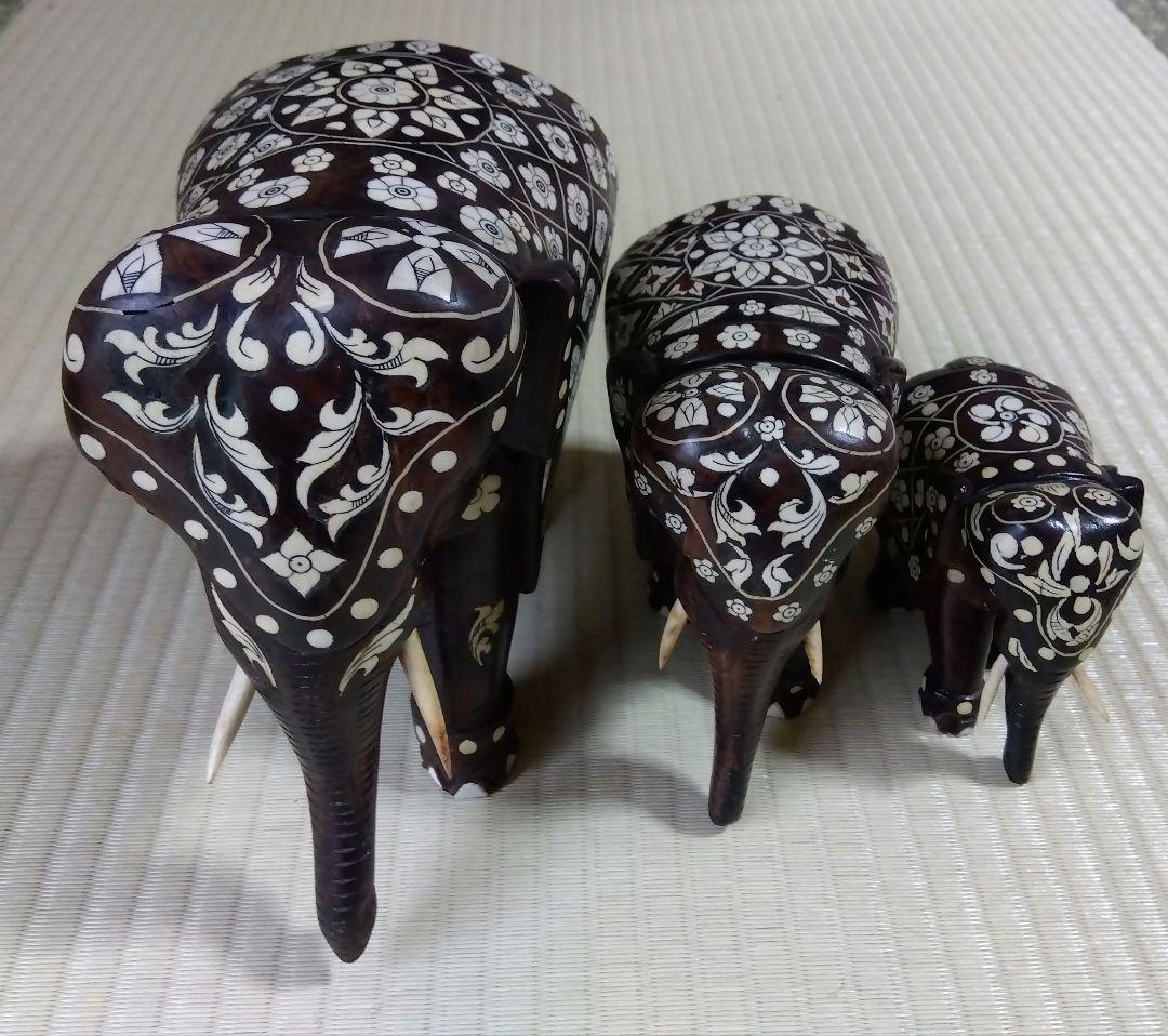 木彫のインド象家族3体セット 置物